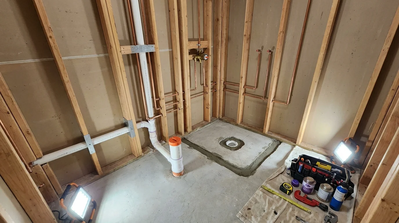 Bathroom rough-in plumbing during remodel by Johns Plumbing LLC in Saint Johns