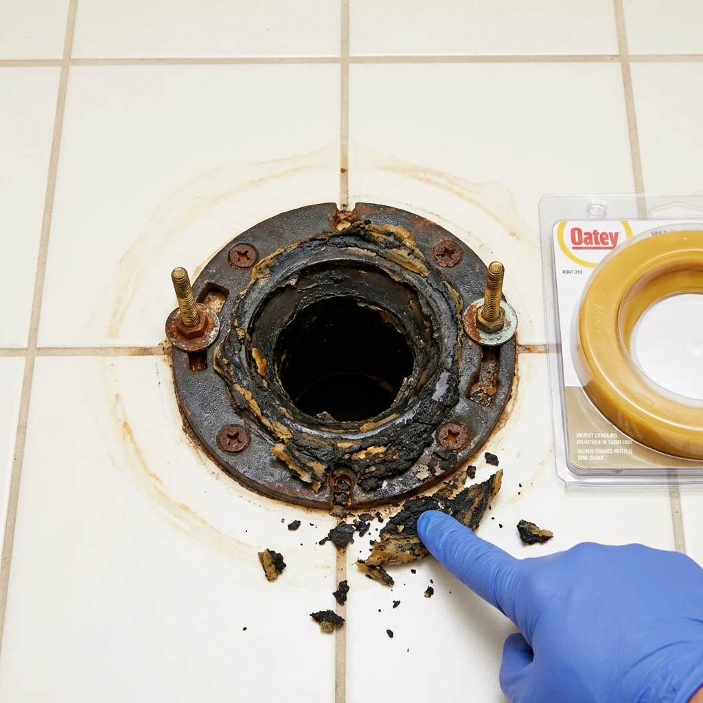 Failed wax ring showing water seepage at the base of a toilet in a Saint Johns, AZ home